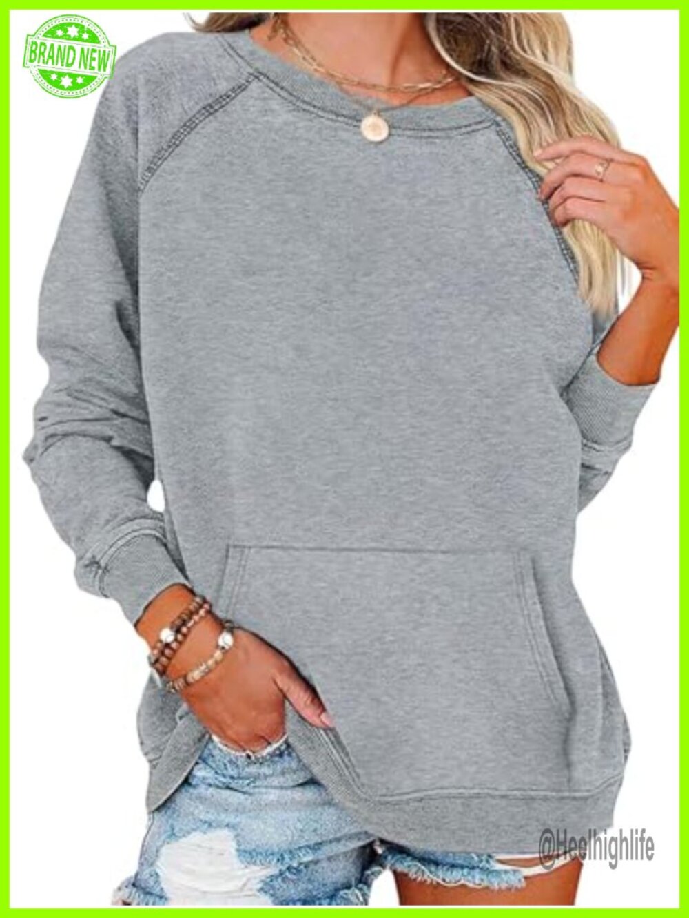 Womens Crew Neck Sweatshirt with Pockets Long Sleeve Pullover